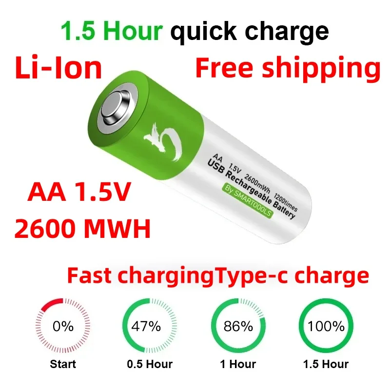 

USB fast charging lithium-ion battery, AA 1.5V 2600mWh, lithium-ion battery, toy watch, MP3 player, keyboard, mouse,electric toy