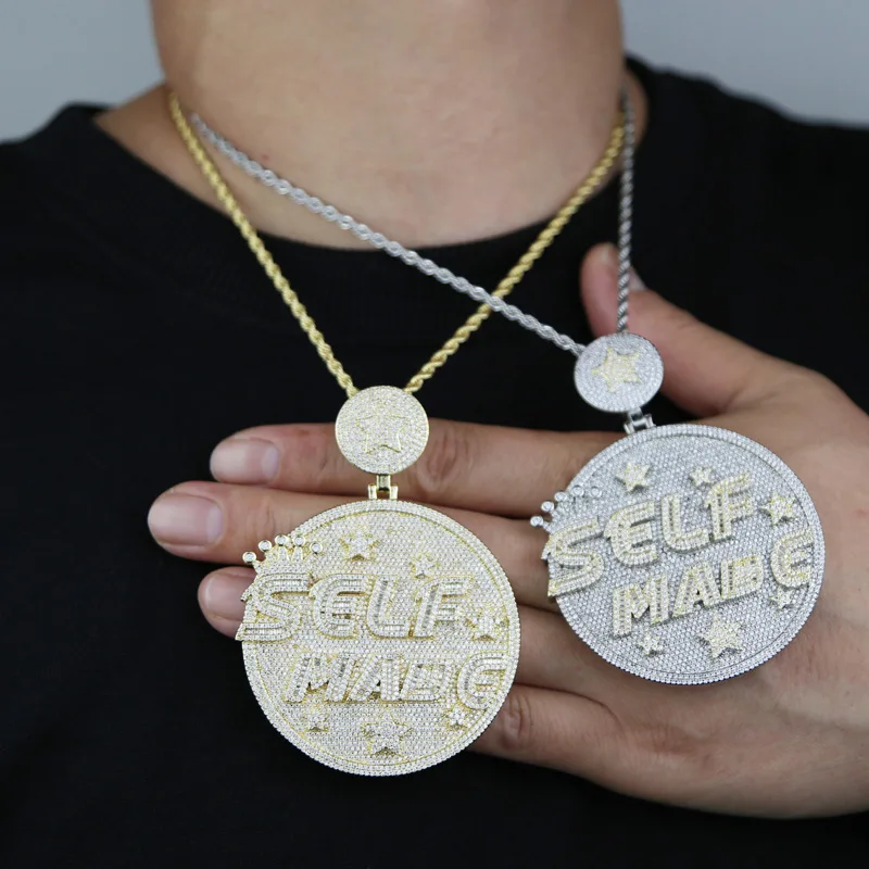 

Hip Hop 5A+ CZ Stone Paved Bling Ice Out Self Made Crown Round Pendants Necklaces for Men Rapper Jewelry Gold Silver Color