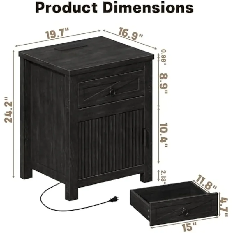 Black Fluted Nightstands Set of 2 with Charging Station, Drawer, Storage - Small Bed Side Table End Table Mod