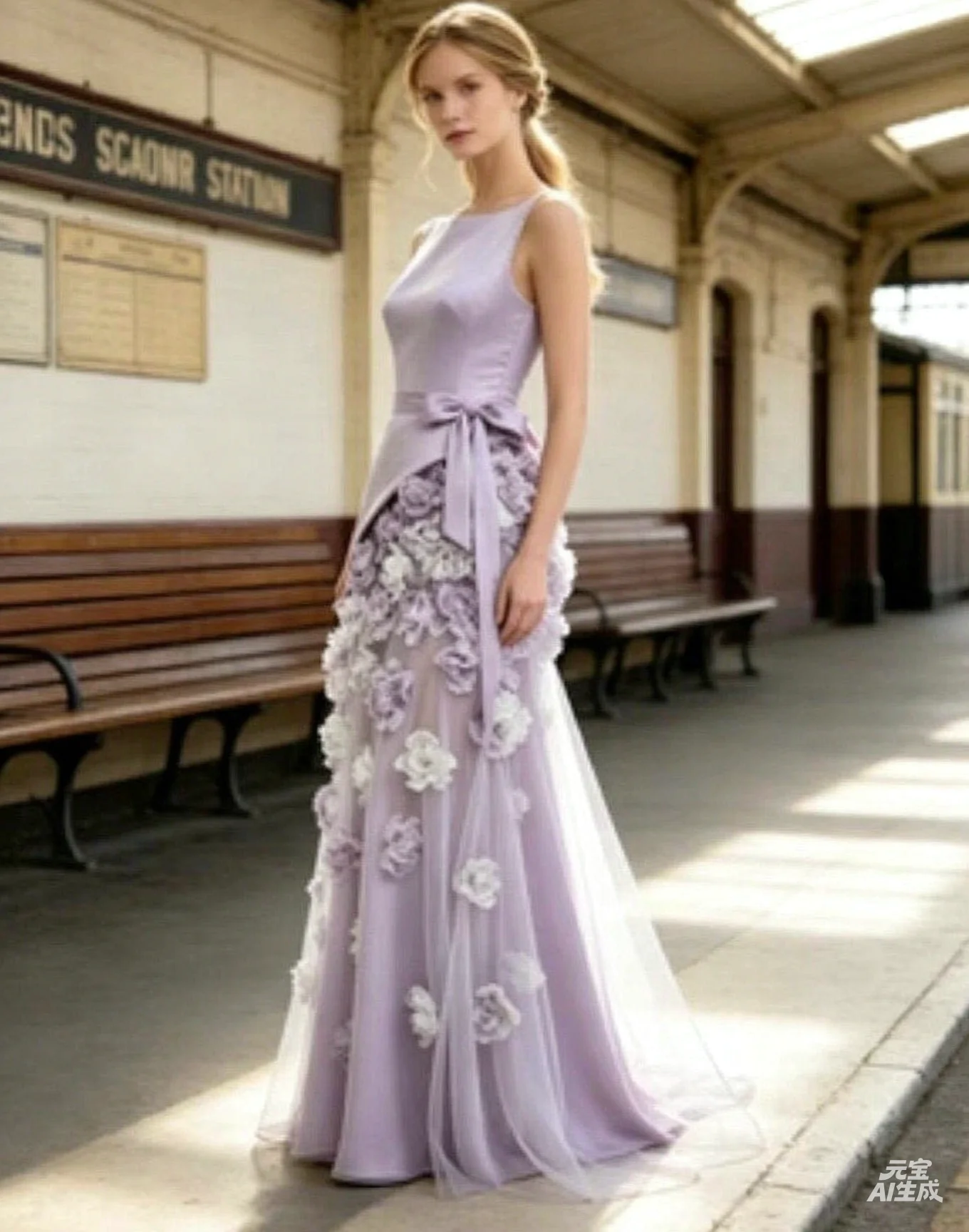 Customized Lavender Satin Tulle A‑Line Evening Dress Sleeveless Bateau Neck Bow Sash Waist 3D Floral Appliques Formal Prom Party - view 3