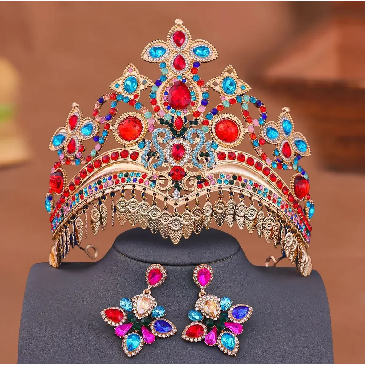 Luxury Women's Crown Earring Set Ethnic Tassel Hair Accessories Wedding Party Props