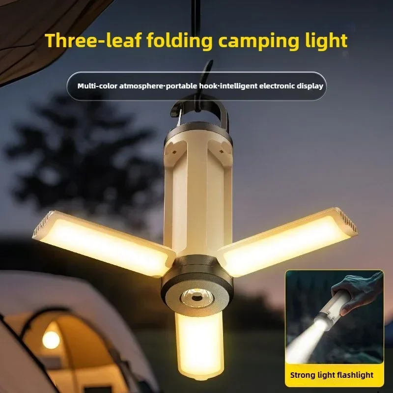 LED Portable Foldable Tri-Fold Camping Light, 6-Mode Dimmable Outdoor Light, Tent Light with Hook, Emergency Gear Light