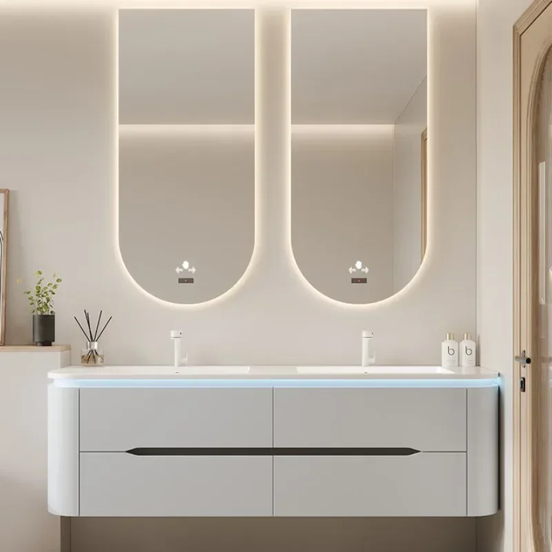 Rock slab seamless ceramic integrated basin bathroom cabinet combination