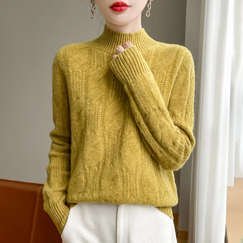 All-Matching Women's High Collar Woolen Sweater 100% Pure Wool Large Hemp Flowers Woven Autumn and Winter Warm Sweater Pullover