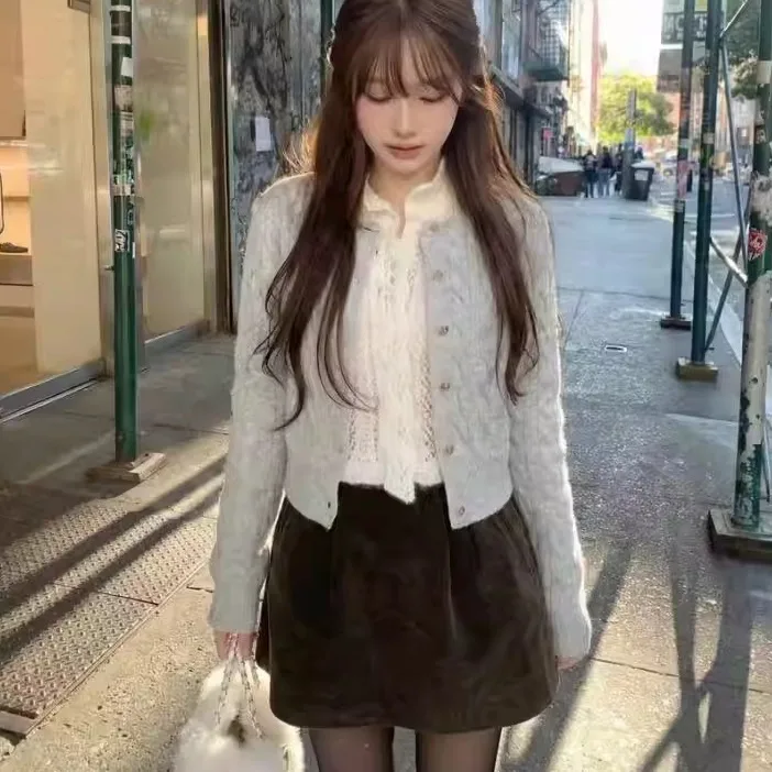 

Вязаный кардиган в стиле ретро с воротником-стойкой, вельветовая юбка, женский мягкий однотонный длинный свитер с круглым вырезом и пуговицами