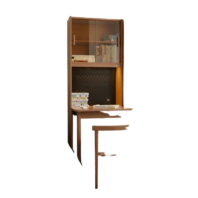 Solid wood desk and bookshelf integrated against the wall, telescopic narrow table, living room, small apartment study, foldable