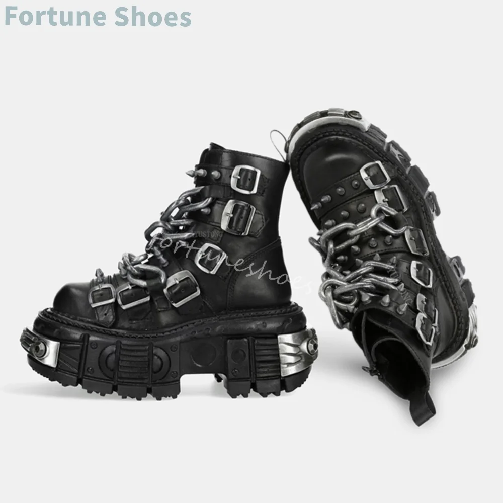 

Studded Chain Punk Motorcycle Boots Women Round Toe Tank Sole Metal Decoration Gothic Style Ankle Boots Winter Cool Girl Shoes