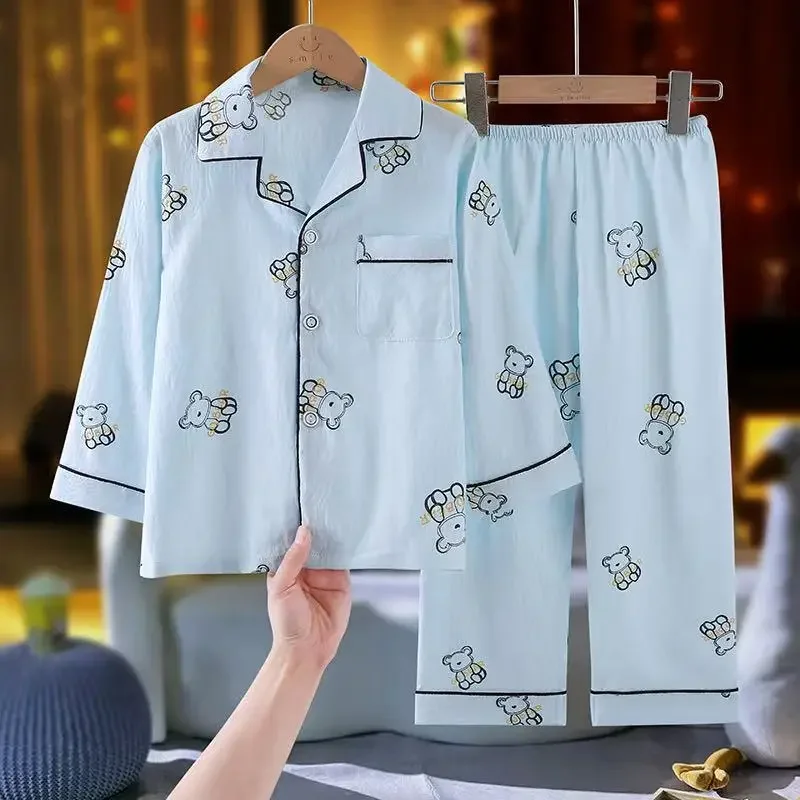 

Children's Summer Soft Pajamas Set Boys Girls Cute Cartoon Print Long Sleeve Lapel Shirt + Pants Sleepwear Baby Casual Homewear