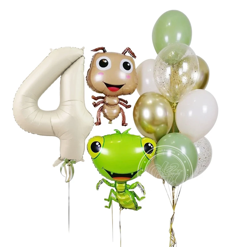 13pcs Ant Mantis Insect Balloons 40Inch Big Cream Number Foil Birthday Balloons 0-9 Happy Birthday Party Decorations Baby Shower