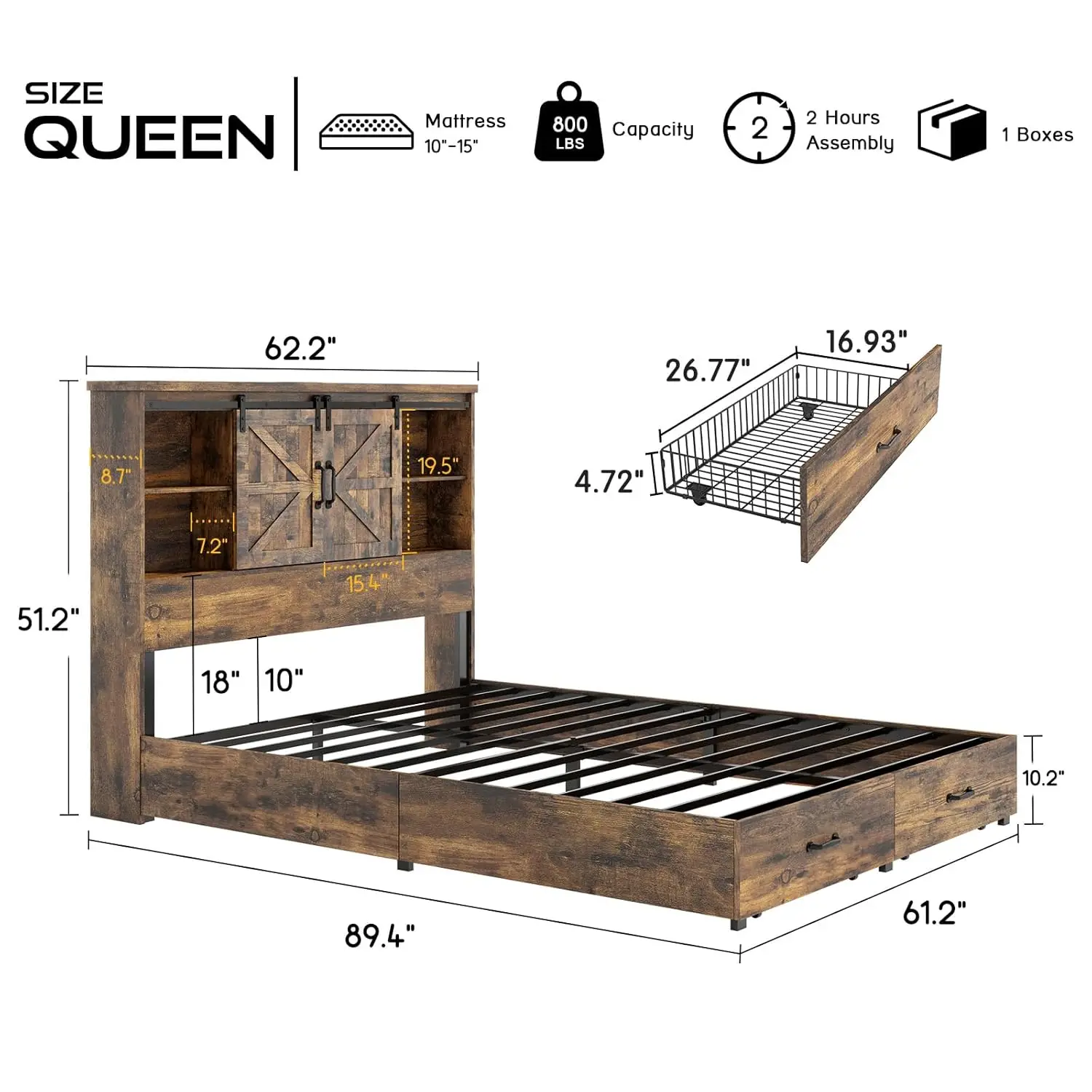 Farmhouse Queen Size Bed Frame with 51.2