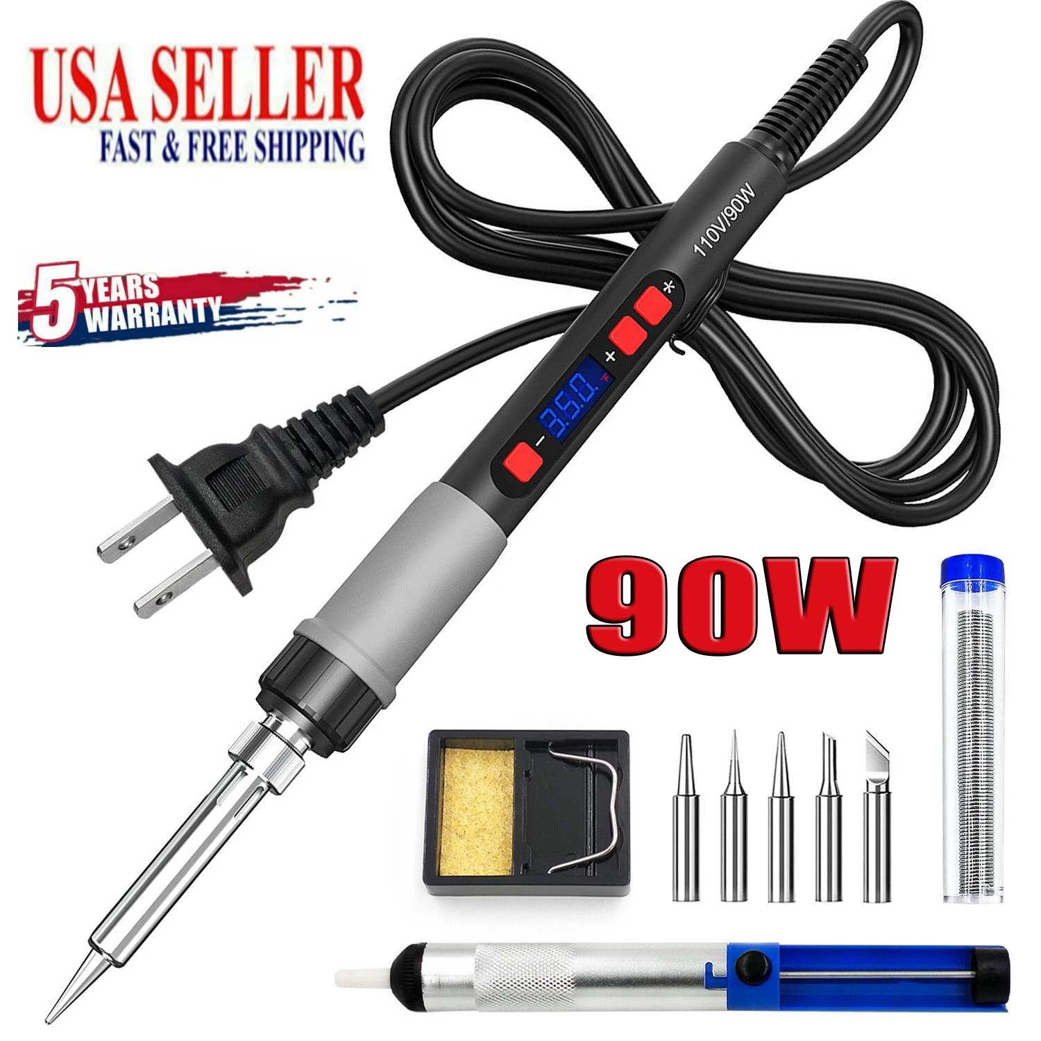Soldering Iron Kit, 90W Soldering Iron Pen with Adjustable Temperature, LCD Display, ON/OFF Switch, 5 Tips, Solder Wire