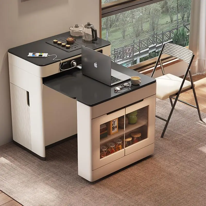

Retractable Solid Wood Kitchen Island with Storage Cabinet Adjustable Size Wooden Furniture for Apartment Kitchen Decoration
