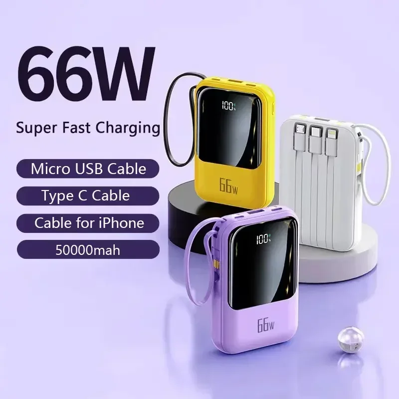 

50000mAh Mobile Power Supply With Built-In Cable 66W Super Fast Charging Power Bank Waterproof Portable Mobile Phone Accessories