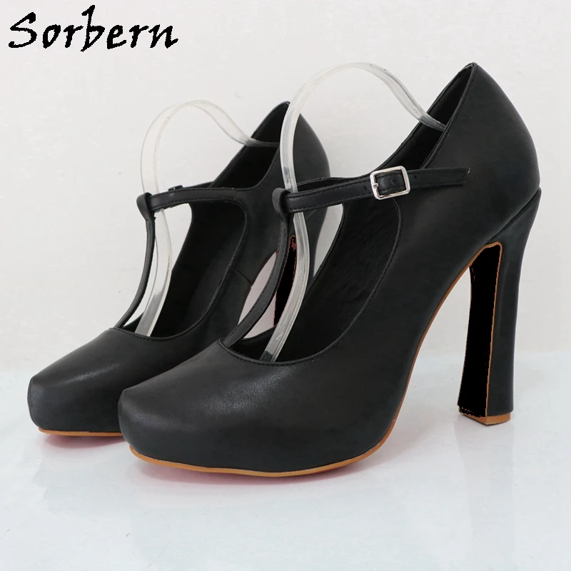 

Sorbern Black Matte Block High Heel Mary Jane T-Strap Women Pump Shoes Chunky Heeled Round Toe Vintage Style Custom Plus Size