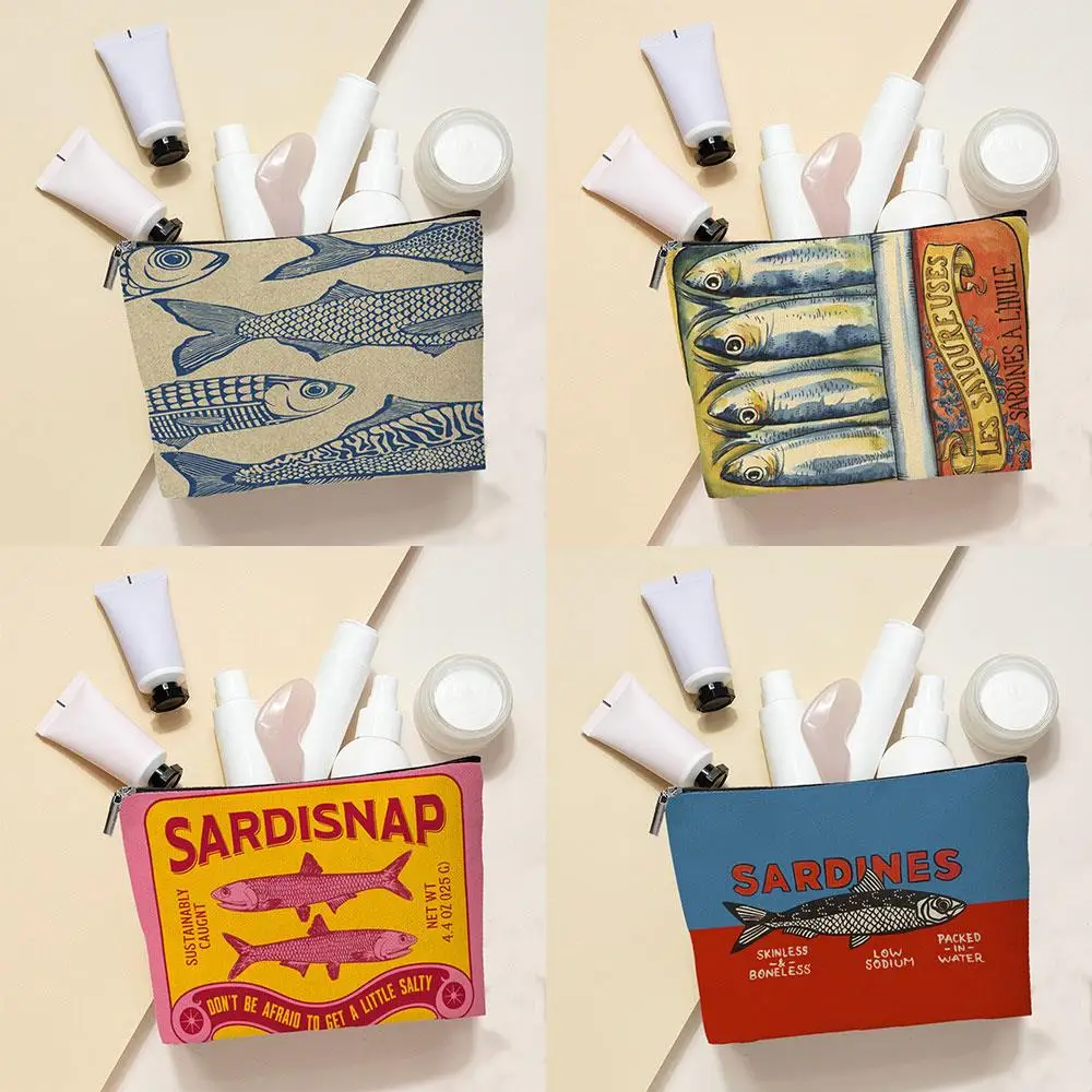 

Linen Cosmetic Organizer Travel Toiletry Organizer Change Purse Vintage Lightweight Sardines Design Makeup Bag With Zipper