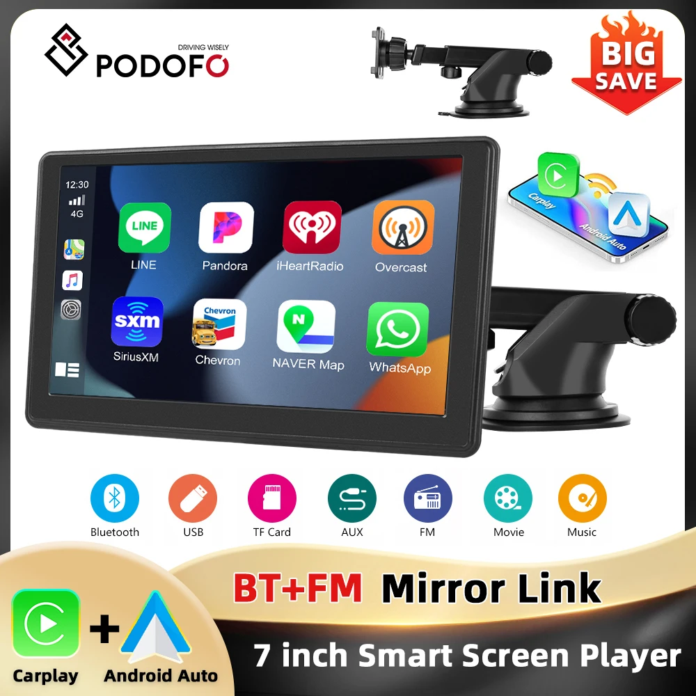 Podofo 7'' Inteligentny Odtwarzacz z Ekranem na Deskę Rozdzielczą Samochodu, Carplay, Android Auto, Bluetooth, EQ, Rejestrator Jazdy, Mirror Link, Transmisja FM, Nawigacja GPS