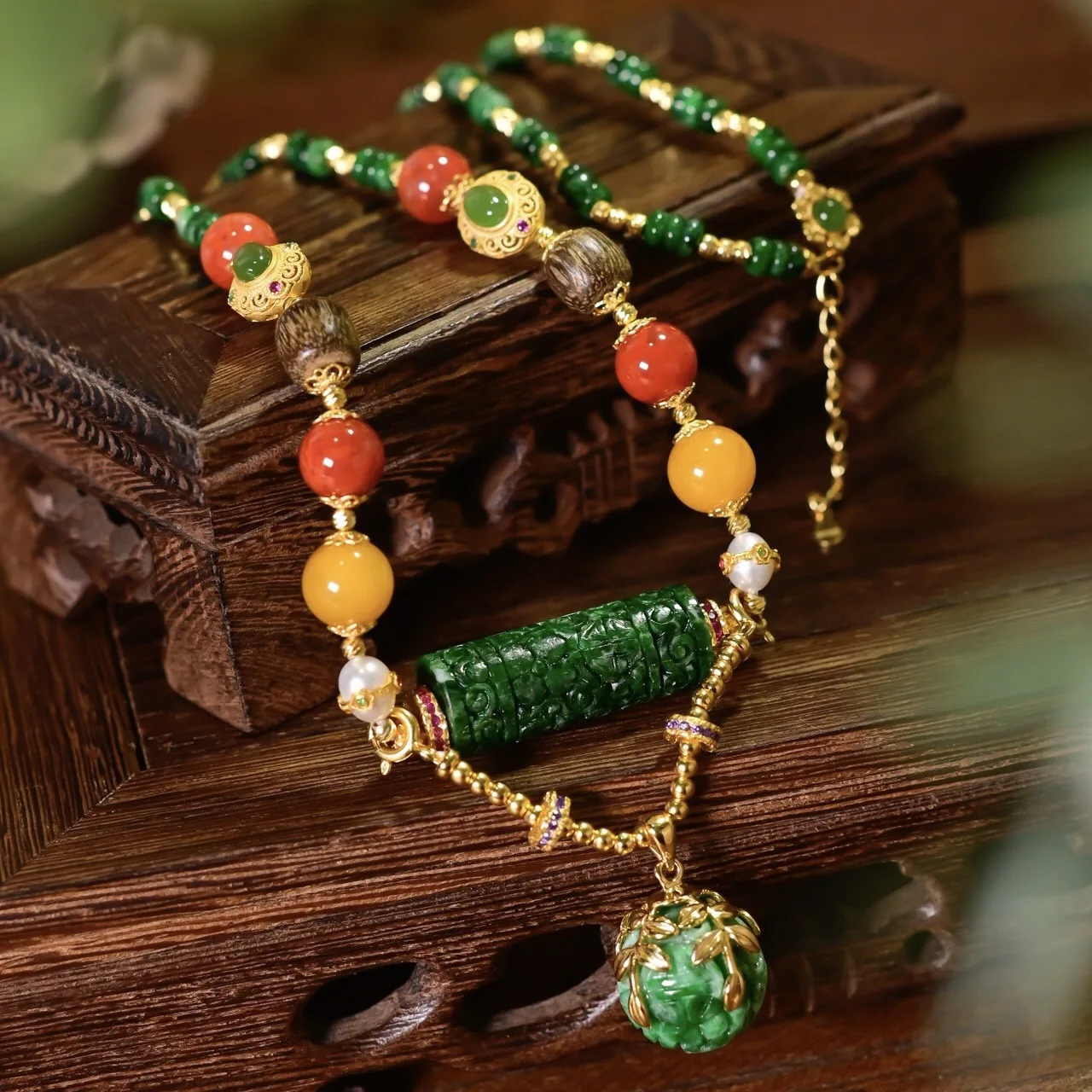Chinese Style Multi-Gemstone Necklace, A-Grade Intense Green Carved Cylinder Jade, Amber Agate 925 Gold Plated, Gemstone Jewelry