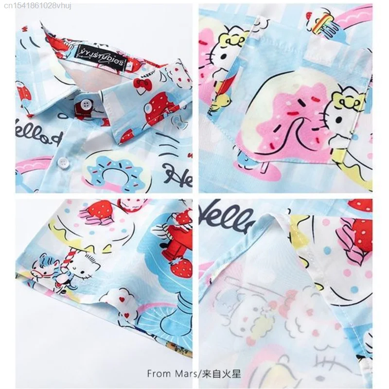 Sanrio Cartoon Hello Kitty Shirt Summer New Casual Hip Hop Streetwear Shirt Women 2000s Y2k Grunge Emo Blouse Korean Fashion Yk2