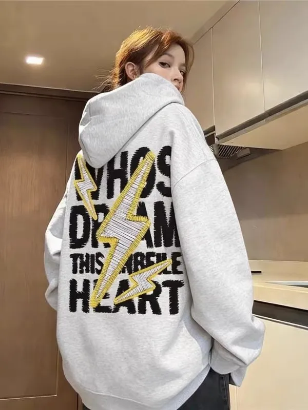 

Худи-свитшот в американском уличном стиле с принтом в виде букв и молний, плотная верхняя одежда из смесового хлопка для весны, осени и зимы