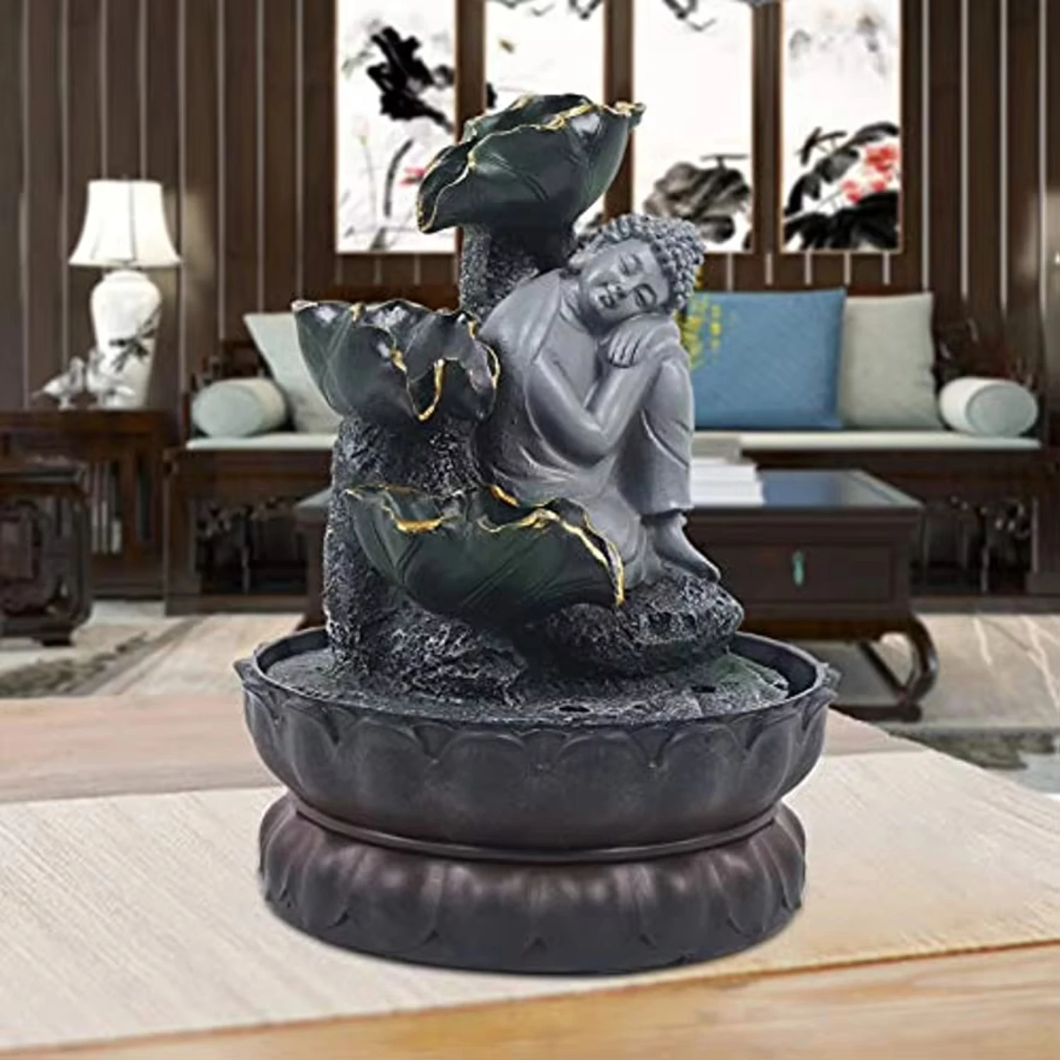 Handmade Sitting Sleeping Buddha Statue Running Water  Fountain Zen Ornaments