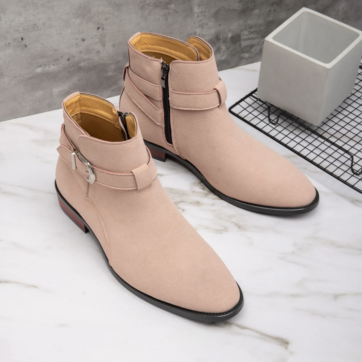 

Pointed Toe Buckle Strap Ankle Boots Grey Men Hombre High Quality Leather Men Motorcycle Boots For Men Work High Top Men Shoes