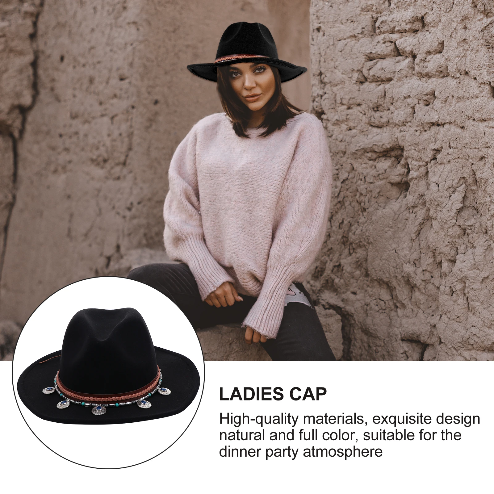 

Retro Felt Hat Women Jazz Woolen Party Hat Elegant Flat-Edge Comfortable Breathable Classic Style For Holiday Dinner Decoration