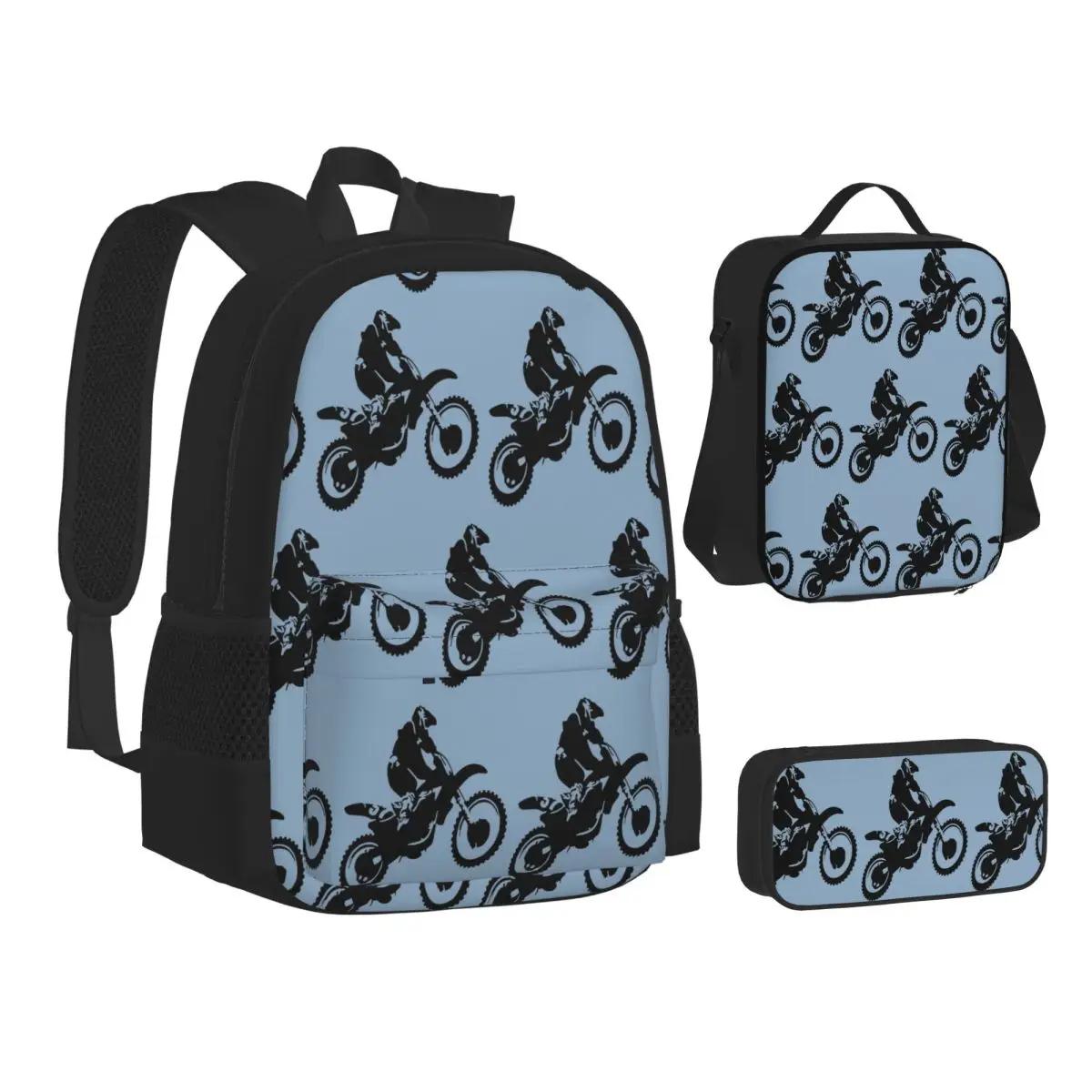 

Moto X Dirt Bike Monotone Vector Art Backpacks Boys Girls Bookbag School Bags Kids Rucksack Lunch Bag Pen Bag Three-Piece Set