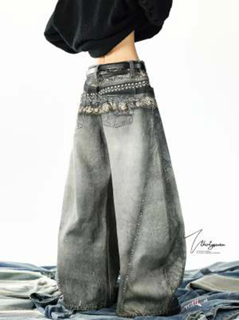 النمط الأمريكي الرجال منحني سكين Y2K حزام البنطال الجينز الطباعة التباين اللون غسل واسعة الساق خمر الهيب هوب الذكور سراويل جينز #5