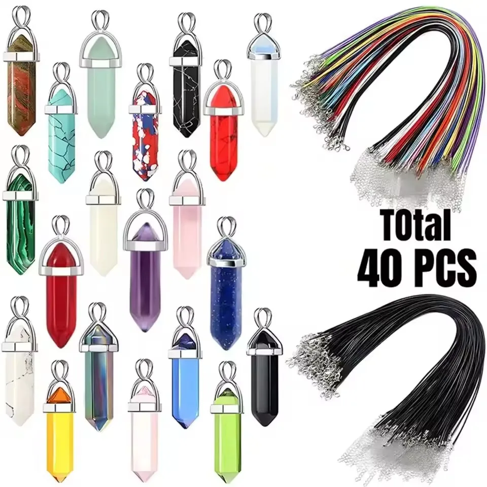 40PCS/30PCS Sechseckigen Chakra Synthetische Kristall Anhänger Spitzen Quarz Stein Mit Leder Halskette Kette Lagerung Tasche Schmuck – Detail 7