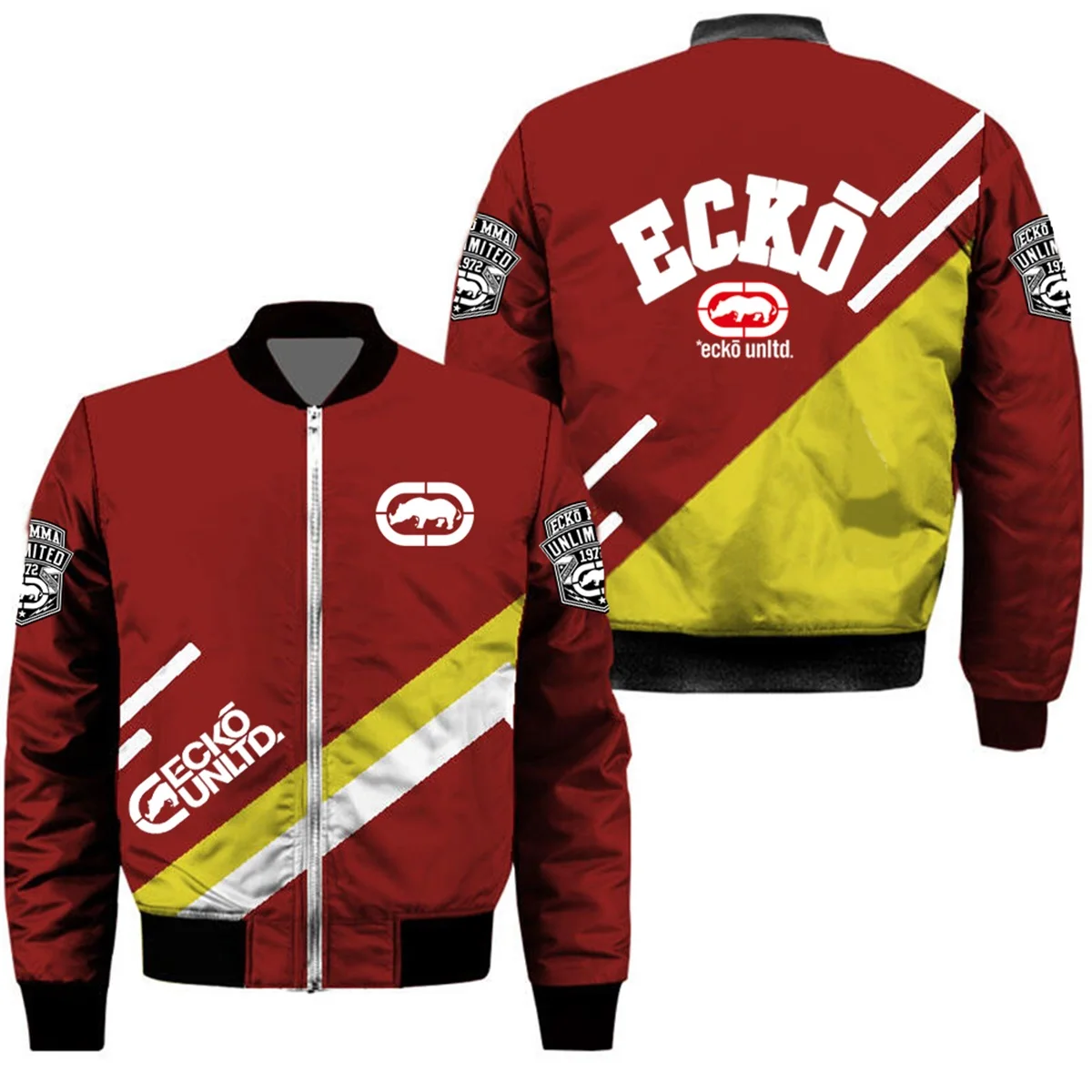 Men's Ecko Unltd Rhino Print Jacket, Red and Yellow Color Block Zip Baseball Coat, Casual Streetwear Outerwear