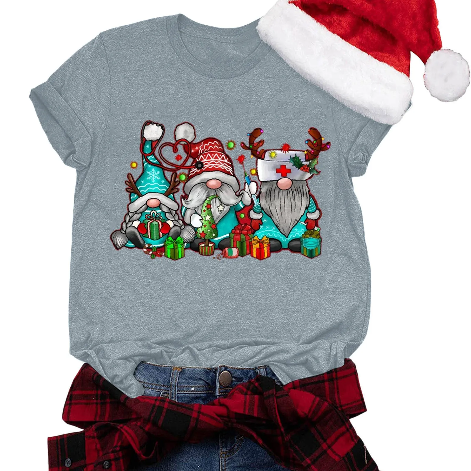 Camisetas con estampado navideño para mujer, Tops de manga corta con cuello redondo, Túnica de Navidad, jerséis de dibujos animados feos, blusa femenina de Año Nuevo