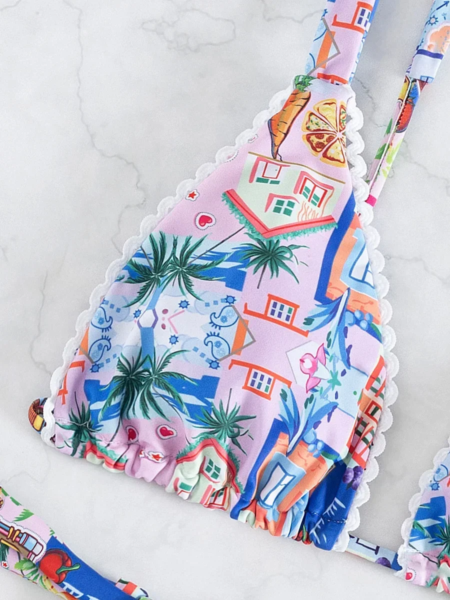 여성용 새 마이크로 비키니, 트라이앵글 수영복, 브라질리언 투피스 폴드 비키니 세트, 프린트 푸쉬업 수영복