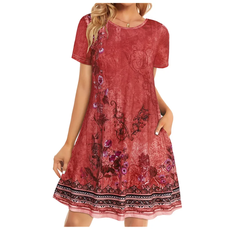 Boêmio vintage impresso vestido de verão senhoras solto camiseta vestido casual feminino praia manga curta em torno do pescoço bolso vestido curto