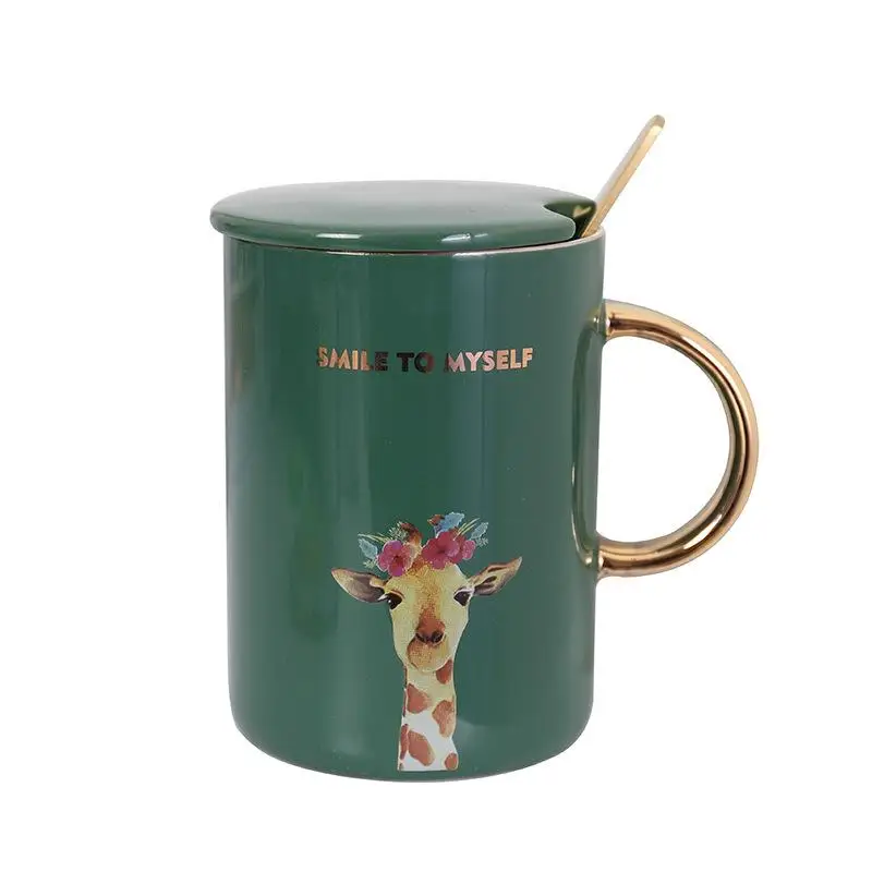 

400ml Green Cartoon Animal Pattern Ceramic Mug with Lid and Spoon Large Capacity Creative Drinkware Coffee Tea Milk Office Cups
