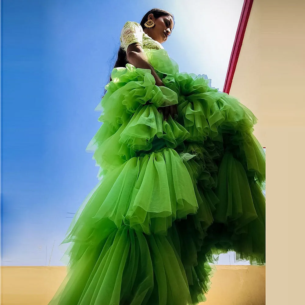 Green High Low Tutu Tulle  Birthdsy Skirt Puffy Tiered Mesh Party Maxi Skirt Customized Birthday Holiday Skirts Saia