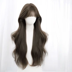 Brown Wig Long Wavy with bangs wigs for Women Middle Part Hairline Natural Daily Party Wear Full Wigs Daily Synthetic Wig