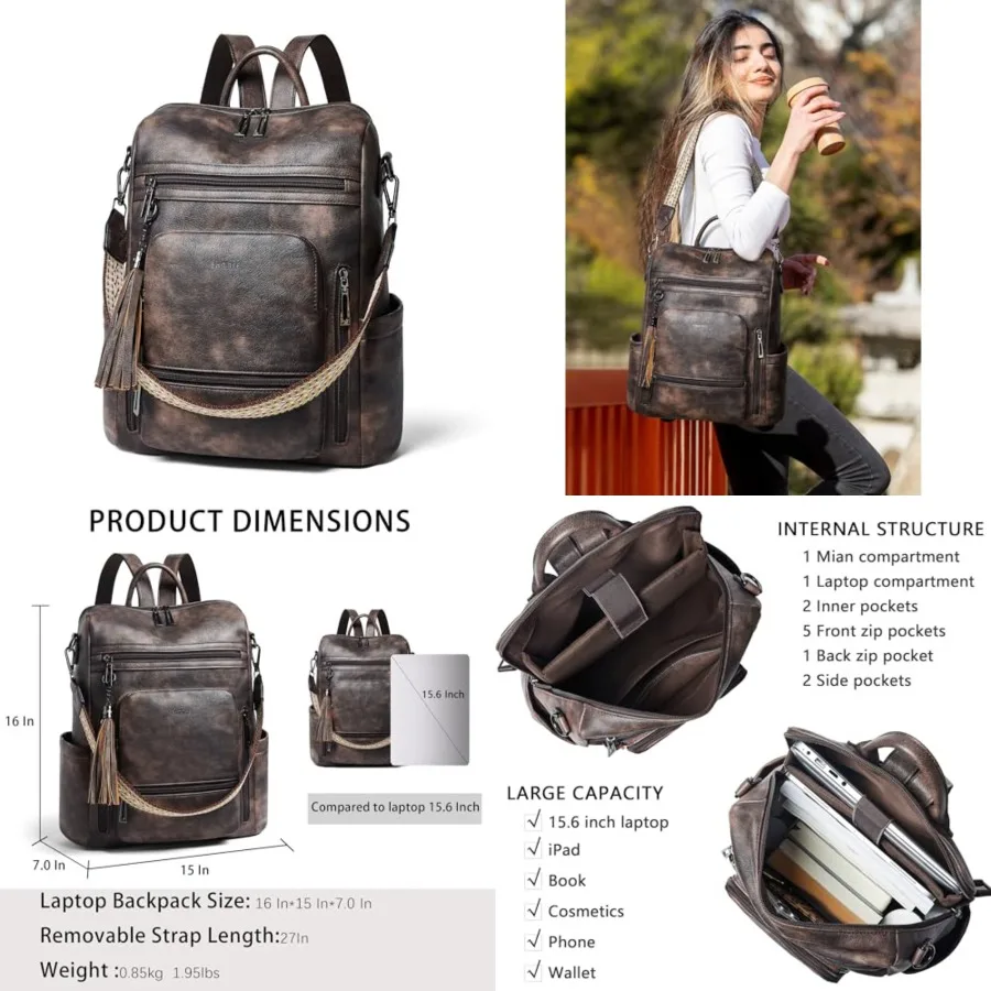 

Vegan Leather Laptop Backpack for Women 15.6 inch Work Backpack Fashion Travel Backpack Purse for Travel College Work