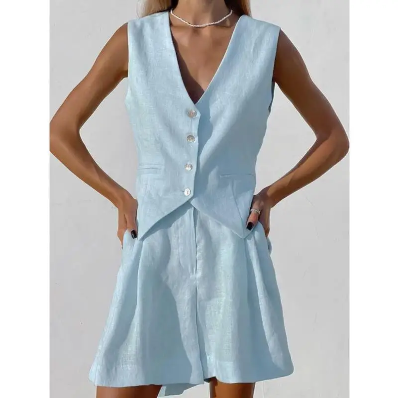 

Ele Cotton Linen Small Suit Vest Set Men's Casual Sportswear Seven Sve ort Pants Autumn Season Faion Trend