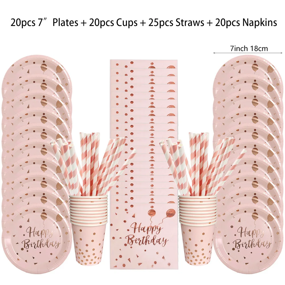 Rose Gold Party Disposable Tableware Set Pink Paper Plates Cups Straws for Birthday Party Adult Wedding Decorations Baby Shower