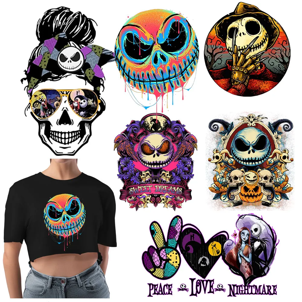 

Halloween Heat Transfers For Clothing Diy Vinyl Sugar Skull Iron On Patches Thermal Stickers Fashion Decals Washable Press Print