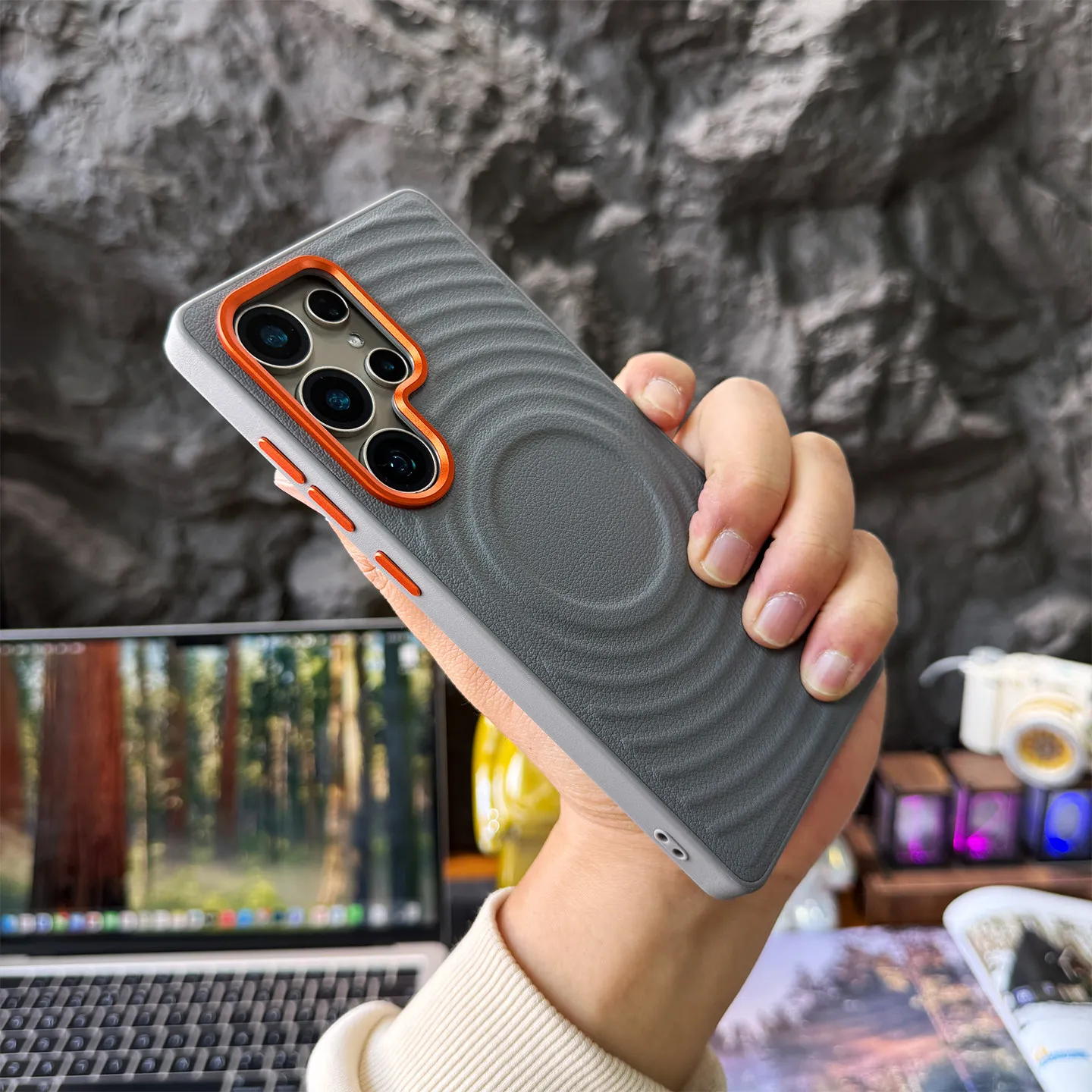 for Samsung Galaxy S26 Ultra S25 S24 Plus Matte Ripple Pattern for Magsafe Case Magnetic Wireless Charging Metal Lens Back Cover