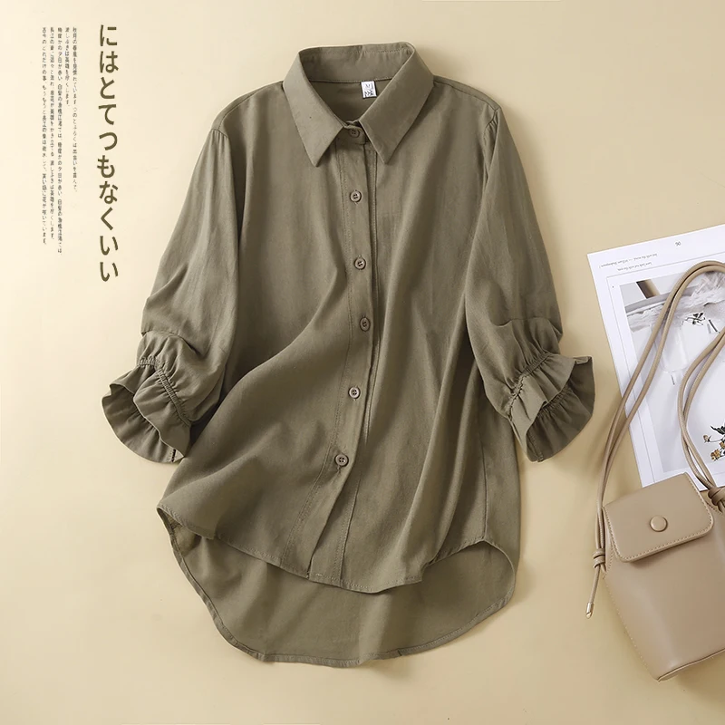 

Cotton Linen Color 7/8 Sve Collar Button up Casual Top Asymmetrical Open Cardigan for plus Size Women