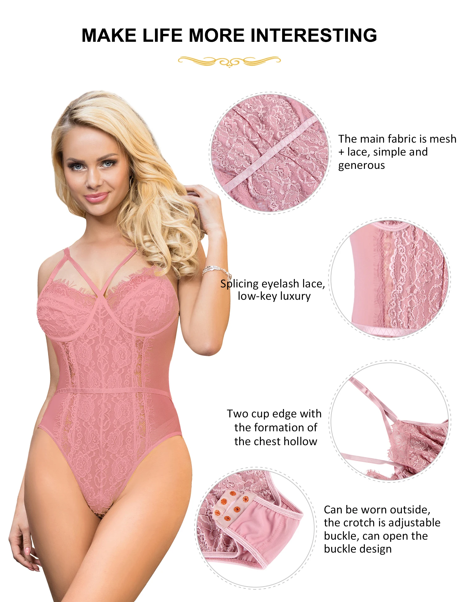 Ohyeahlady-Lencería de peluche Sexy para mujer, malla rosa transparente, mono exquisito con entrepierna que se puede abrir, lencería Sexy de talla grande