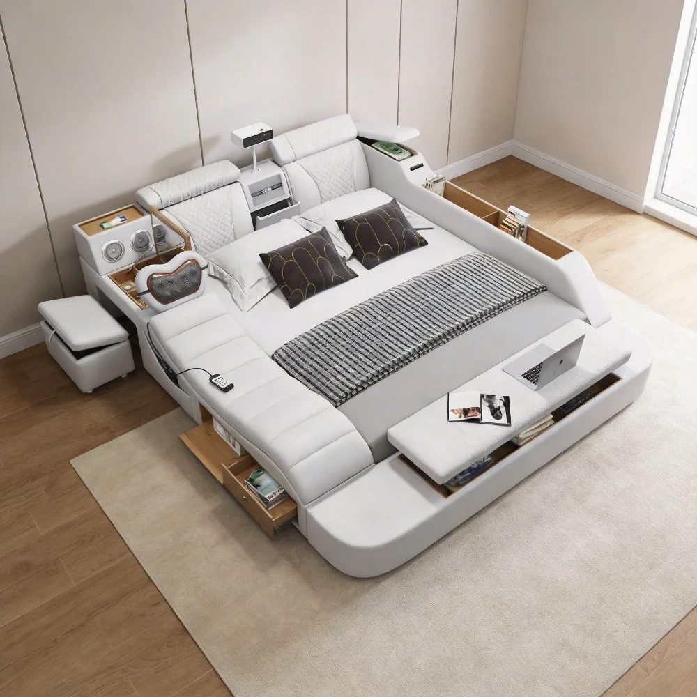 King/Queen Size Genuine Leather Bed, Modern Tech Smart Bed with Projector,USB, Speaker, Luxury Multifunction Bed, All In One Bed