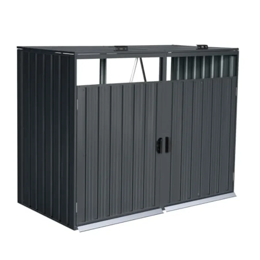 Outdoor garbage bin storage shed for 2 trash cans: galvanized steel, gray, weatherproof and lockable doors