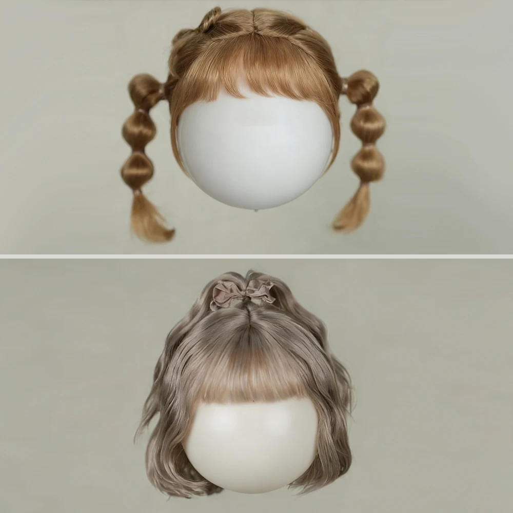 Peluca BJD, peluca Blyth de punto con cabeza grande, flequillo de Mohair suave, peluca trenzada, medio cola de caballo, pelo corto, pelo largo ondulado, apto para cabeza de 9-10 pulgadas