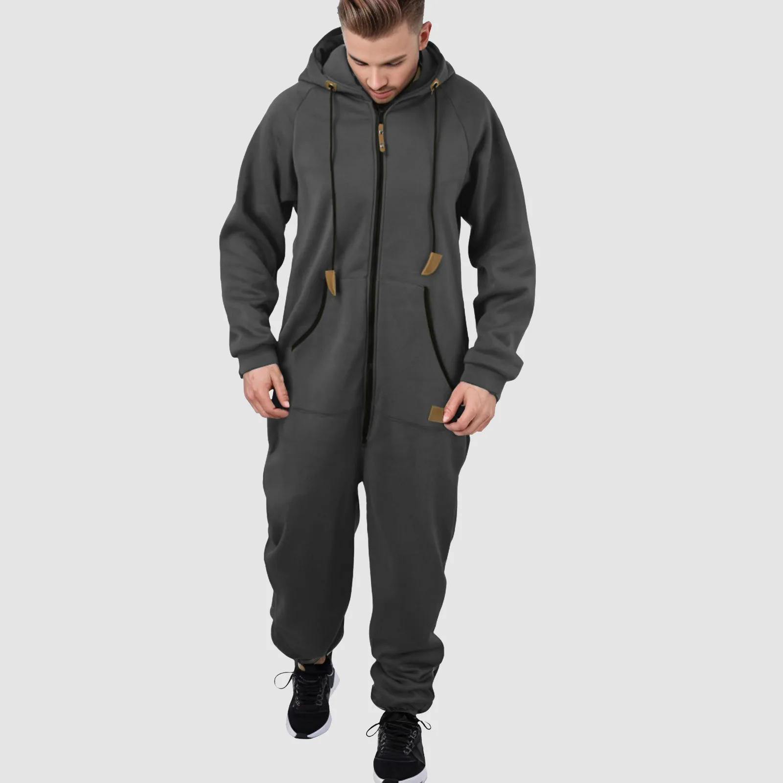 Men Pajamas Home-Wear Jumpsuit Loose Bodysuit Drawstring Casual Solid Color Zipper Hooded Pajama Casual Winter Warm Rompe