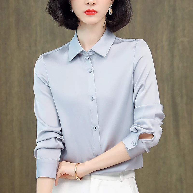 

Office Lady Satin Shirts Women's Clothing Real Silk Blouse Long Sleeve Fashion Woman Blouses Buttons Basic Shirt Solid Tops