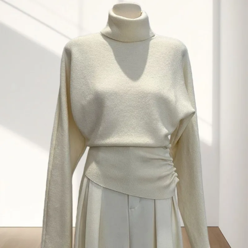 

Deeptown White Elegant Women Turtleneck Sweater Black Basic Long Sleeve Korean Fashion Knit Pullovers Slim Pleated Casual Winter