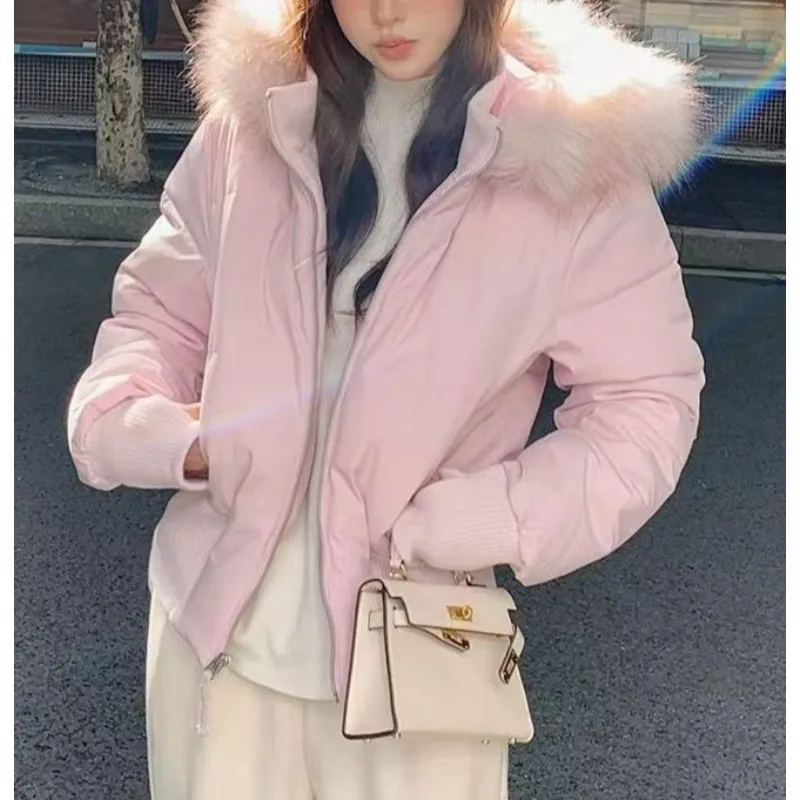 2026 Good-looking Fashionable Cotton Clothes Big Fur Collar Hooded Down Cotton-padded Clothes Waist Winter Thickened Coat